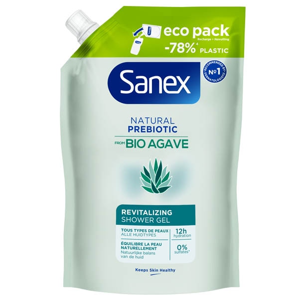 De verpakking van de Sanex Bio Agave Revitalizing navulverpakking.