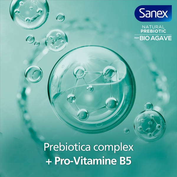 De douchegel bevat een prebiotica complex en Pro-Vitamine B5