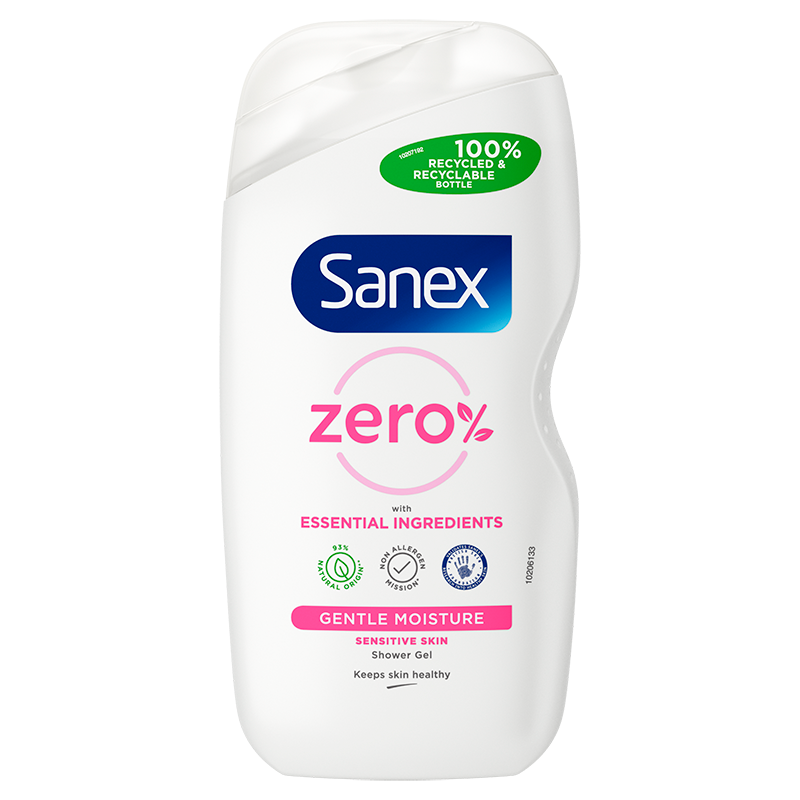 Productfoto van een fles Sanex Zero% Gentle Moisture douchegel, de roze variant voor de gevoelige huid.