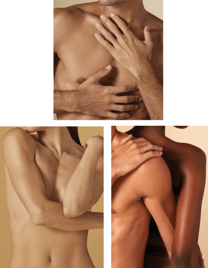 Een collage van drie afbeeldingen. Boven: de borstkas van een persoon. Linksonder: een slank persoon die zichzelf omhelst. Rechtsonder: een persoon die van achteren wordt omhelsd door een ander.