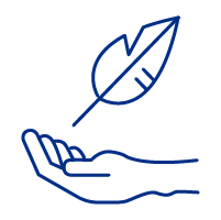 Pictogram van een hand die een veer vasthoudt, symbool voor zachtheid.