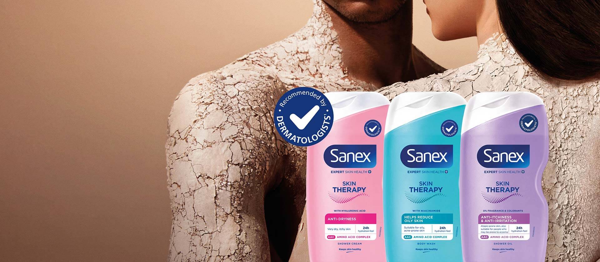 vrouw met haar rug naar de camera en het product Sanex Expert Protector op haar rug vrouw met haar rug naar de camera en het product Sanex Expert Protector op haar rug