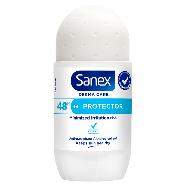 Sanex Dermo Protector hypoallergene anti-transpirant roll-on, witte en blauwe verpakking, rechtopstaand op een beige achtergrond. Op het etiket staat: '48u anti-transpirant / anti-perspirant. Houdt de huid gezond.