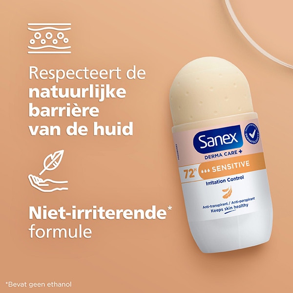 Sanex Derma Care+ Sensitive 72h Anti-transpirant Roller Close-up van een ontblote schouder met een neutrale achtergrond. De tekst: “Ontwikkeld met dermatologen” en het Sanex-logo rechtsboven.