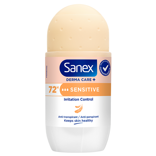 Sanex Derma Care+ Sensitive 72h Anti-transpirant Roller Close-up van de Sanex Dermo Sensitive Nourishing Care roll-on. Op het etiket staat: "48u anti-transpirant / anti-perspirant", "Houdt de huid gezond". Logo van Sanex en pictogram van een veer zijn te zien.